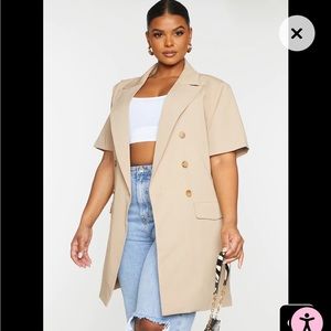 Plus Cream Woven Short Sleeve Longline Blazer